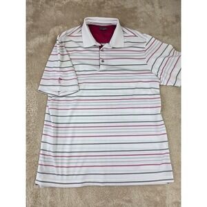 ASHWORTH Mens Polo Shirt White Red Grey Stripe Short Sleeve Golf Casual Size L